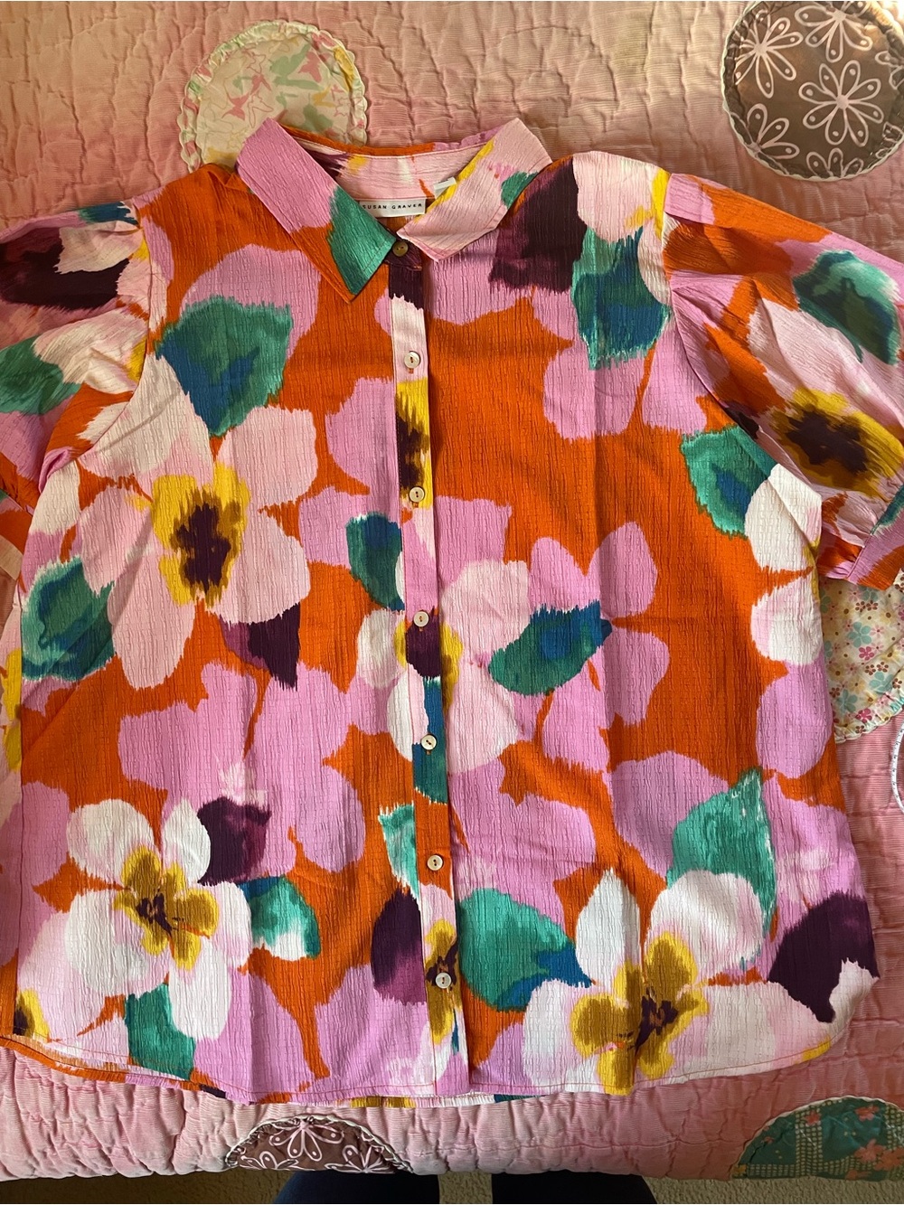 Susan Graver Multicolor Floral Button-Down Shirt — Orange, Pink, Green NIP